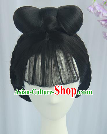 Handmade Chinese Ancient Tang Dynasty Court Maid Headpiece Chignon Traditional Hanfu Blunt Bangs Wigs Sheath for Women