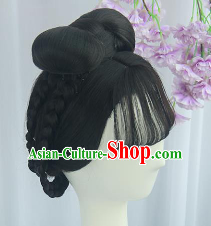 Handmade Chinese Ancient Tang Dynasty Court Maid Headpiece Chignon Traditional Hanfu Blunt Bangs Wigs Sheath for Women