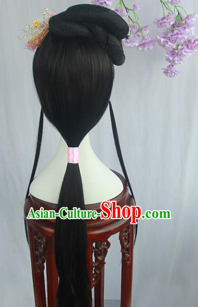 Handmade Chinese Ancient Ming Dynasty Young Lady Headpiece Chignon Traditional Hanfu Blunt Bangs Wigs Sheath for Women