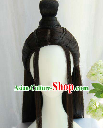 Chinese Traditional Hanfu Wigs Sheath Ancient Swordsman Hairpiece Handmade Chignon for Men