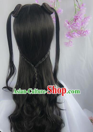Handmade Chinese Ancient Young Lady Headpiece Curly Chignon Traditional Hanfu Wigs Sheath for Women