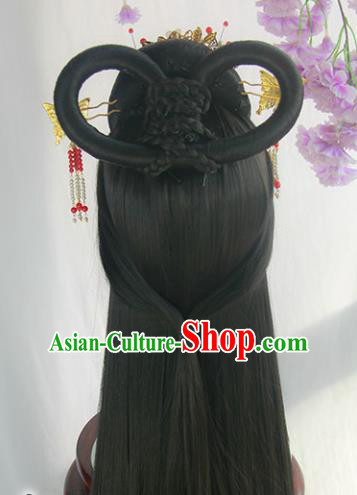 Handmade Chinese Ancient Han Dynasty Imperial Consort Headpiece Chignon Traditional Hanfu Wigs Sheath for Women