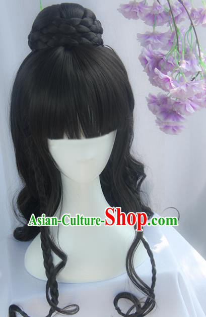 Handmade Chinese Ancient Headpiece Chignon Traditional Princess Hanfu Curly Wigs Sheath for Women