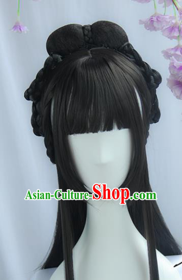 Handmade Chinese Ancient Peri Headpiece Chignon Traditional Hanfu Blunt Bangs Wigs Sheath for Women