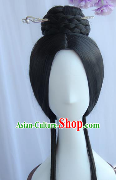 Handmade Chinese Ancient Han Dynasty Princess Headpiece Chignon Traditional Hanfu Blunt Bangs Wigs Sheath for Women