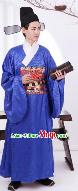 Traditional Chinese Ancient Bridegroom Blue Robe Ming Dynasty Official Historical Costume for Men
