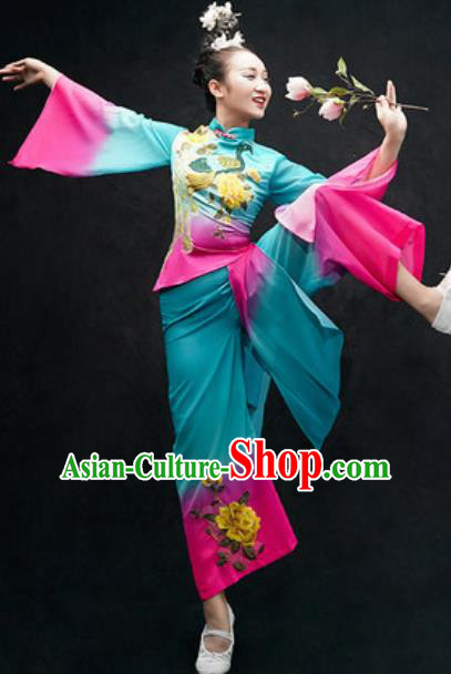 Chinese Classical Dance Costume Traditional Umbrella Dance Blue Clothing for Women