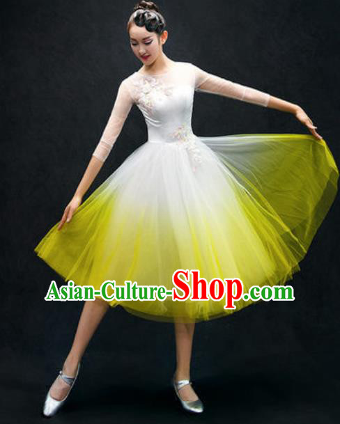 Chinese Classical Dance Costume Traditional Modern Dance Yellow Veil Dress for Women