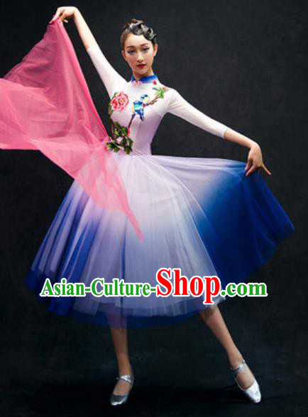 Chinese Classical Dance Costume Traditional Modern Dance Royalblue Veil Dress for Women