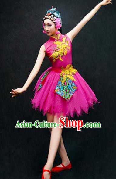 Chinese Classical Dance Costume Traditional Folk Dance Rosy Veil Dress for Women