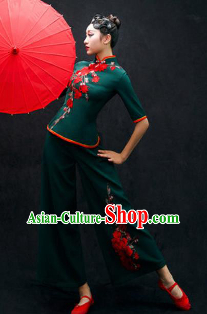 Chinese Folk Dance Yangko Atrovirens Costume Traditional Fan Dance Clothing for Women