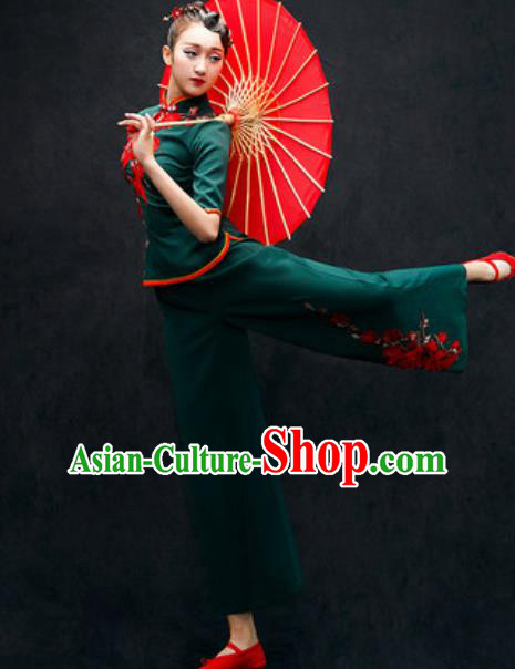 Chinese Folk Dance Yangko Atrovirens Costume Traditional Fan Dance Clothing for Women