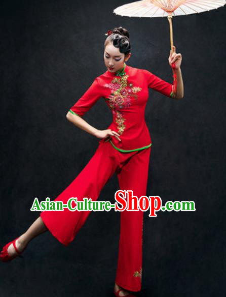 Chinese Folk Dance Yangko Red Costume Traditional Fan Dance Clothing for Women