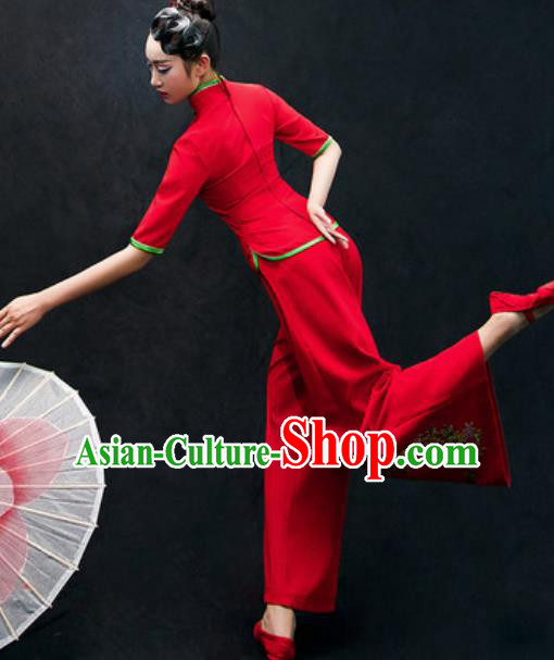 Chinese Folk Dance Yangko Red Costume Traditional Fan Dance Clothing for Women