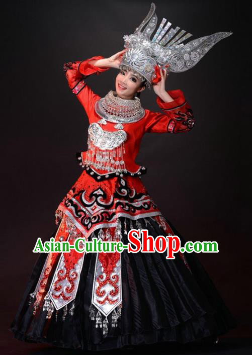 Chinese Miao Nationality Ethnic Dance Costume Traditional Hmong Wedding Bride Red Dress and Headwear for Women