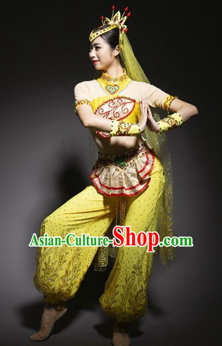 Chinese Uyghur Nationality Ethnic Dance Costume Traditional Indian Dance Yellow Clothing for Women