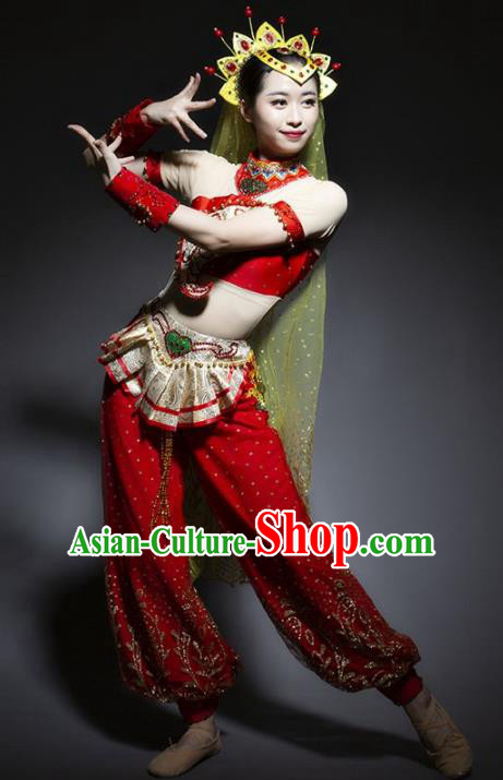 Chinese Uyghur Nationality Ethnic Dance Costume Traditional Indian Dance Red Clothing for Women