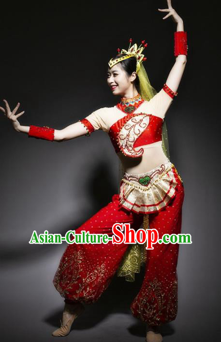 Chinese Uyghur Nationality Ethnic Dance Costume Traditional Indian Dance Red Clothing for Women
