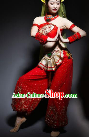 Chinese Uyghur Nationality Ethnic Dance Costume Traditional Indian Dance Red Clothing for Women