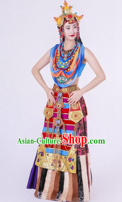 Chinese Zang Nationality Ethnic Dance Costume Traditional Tibetan Minority Dance Dress for Women