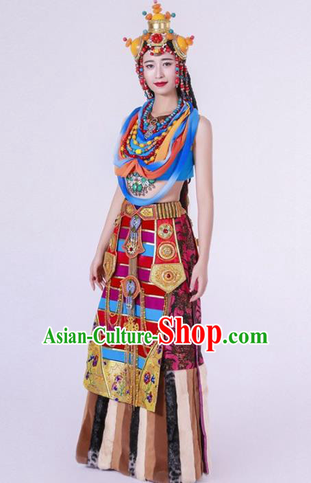 Chinese Zang Nationality Ethnic Dance Costume Traditional Tibetan Minority Dance Dress for Women
