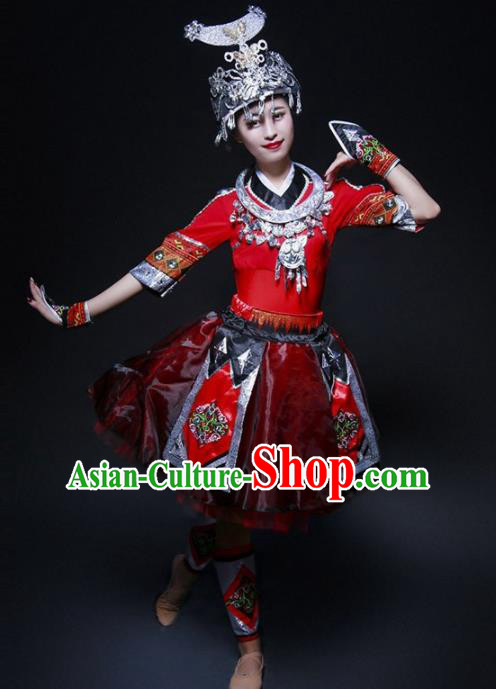 Chinese Miao Nationality Ethnic Dance Costume Traditional Hmong Minority Dance Red Bubble Dress for Women