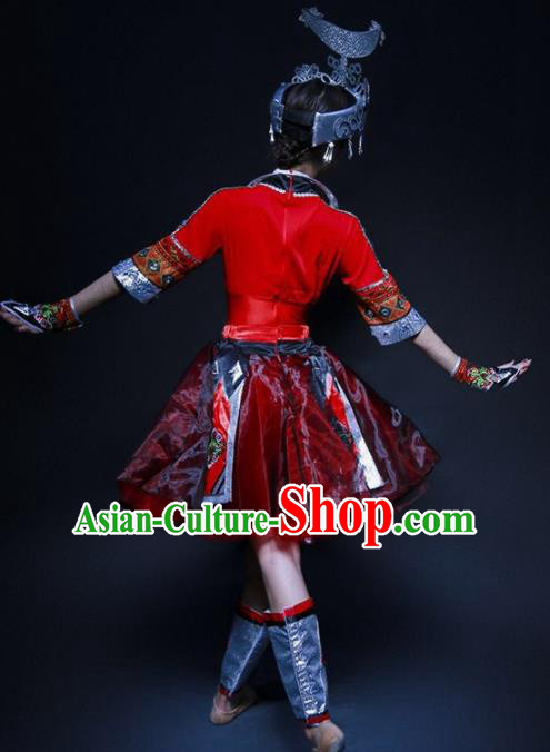 Chinese Miao Nationality Ethnic Dance Costume Traditional Hmong Minority Dance Red Bubble Dress for Women