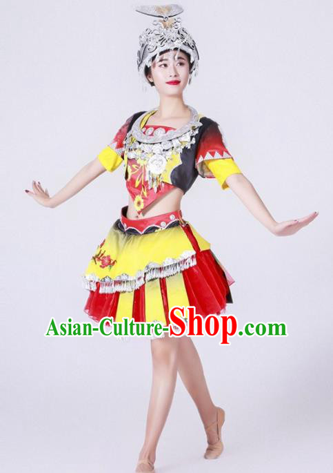 Chinese Miao Nationality Ethnic Dance Costume Traditional Hmong Minority Dance Bubble Dress for Women