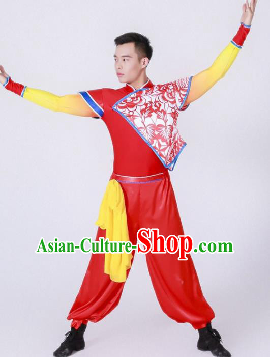 Chinese Folk Dance Yangko Stage Performance Costume Traditional Drum Dance Red Clothing for Men