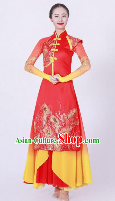 Chinese Classical Dance Chorus Stage Performance Costume Traditional Umbrella Dance Red Dress for Women