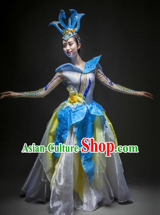 Chinese Modern Dance Stage Costume Traditional Opening Dance Blue Bubble Dress for Women