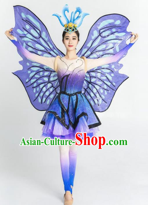 Chinese Modern Dance Stage Costume Traditional Opening Dance Purple Butterfly Bubble Dress for Women