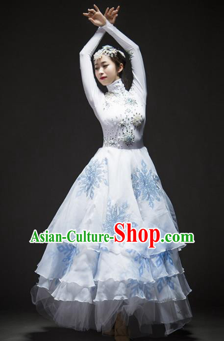 Chinese Modern Dance Stage Costume Traditional Opening Dance White Dress for Women