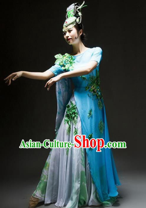 Chinese Classical Dance Chorus Costume Traditional Stage Performance Blue Dress for Women