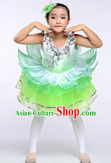 Chinese Modern Dance Stage Performance Costume Opening Dance Green Bubble Dress for Kids