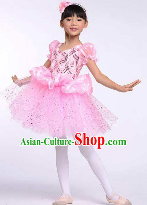 Chinese Modern Dance Stage Performance Costume Opening Dance Pink Bubble Dress for Kids