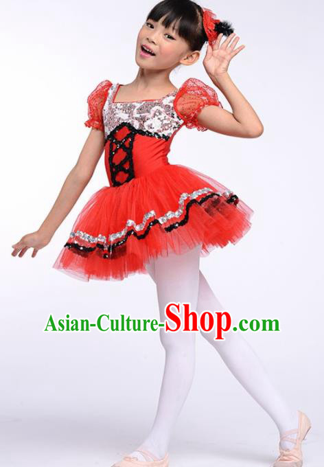 Chinese Modern Dance Stage Performance Costume Ballet Dance Red Bubble Dress for Kids