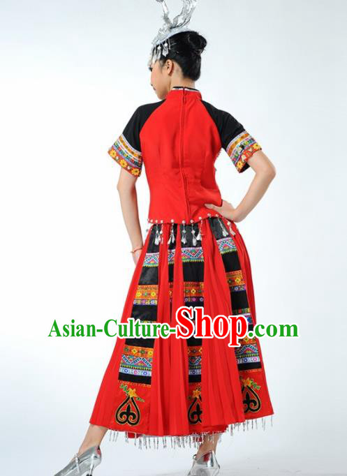 Chinese Traditional Miao Nationality Ethnic Dance Costume Minority Folk Dance Red Dress for Women