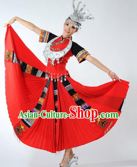 Chinese Traditional Miao Nationality Ethnic Dance Costume Minority Folk Dance Red Dress for Women