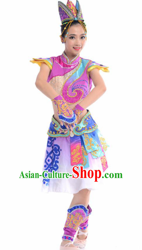 Chinese Traditional Mongol Nationality Ethnic Dance Purple Costume Minority Folk Dance Dress for Women