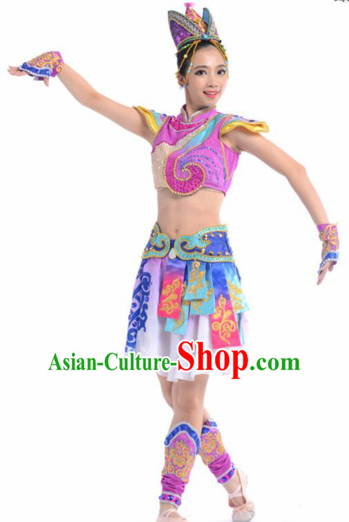 Chinese Traditional Mongol Nationality Ethnic Dance Purple Costume Minority Folk Dance Dress for Women