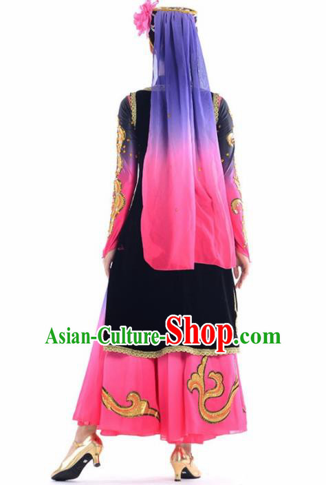 Chinese Traditional Uyghur Nationality Ethnic Dance Rosy Costume Minority Folk Dance Dress for Women