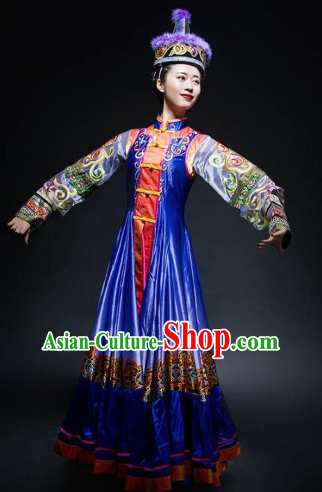 Chinese Traditional Mongol Nationality Ethnic Dance Royalblue Costume Minority Folk Dance Dress for Women