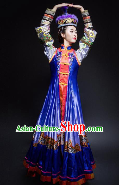Chinese Traditional Mongol Nationality Ethnic Dance Royalblue Costume Minority Folk Dance Dress for Women