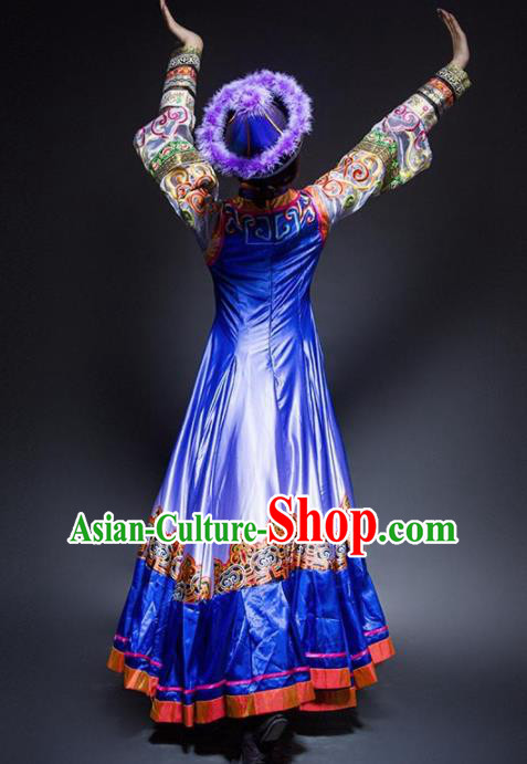 Chinese Traditional Mongol Nationality Ethnic Dance Royalblue Costume Minority Folk Dance Dress for Women