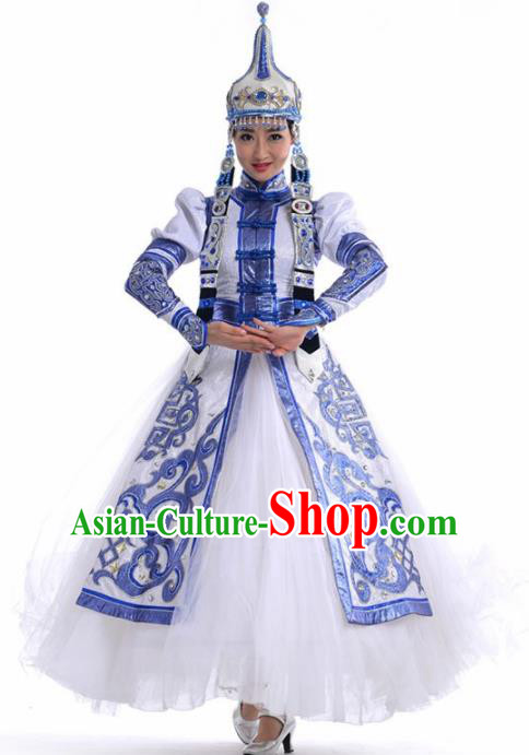 Chinese Traditional Mongol Nationality Ethnic Dance Costume Minority Princess Folk Dance White Dress for Women