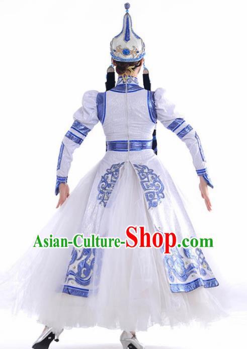 Chinese Traditional Mongol Nationality Ethnic Dance Costume Minority Princess Folk Dance White Dress for Women