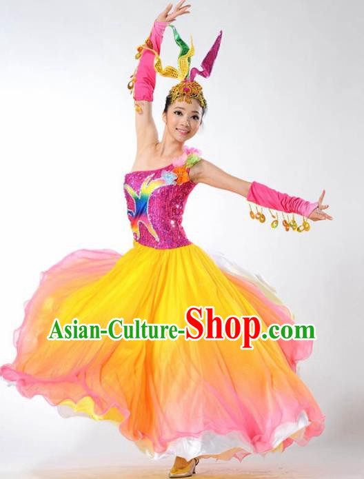 Chinese Modern Dance Stage Costume Traditional Spring Festival Gala Opening Dance Yellow Veil Dress for Women