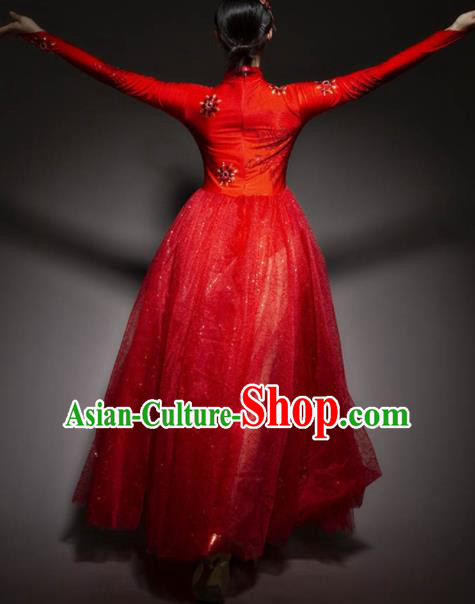 Chinese Modern Dance Stage Costume Traditional Spring Festival Gala Opening Dance Red Veil Dress for Women