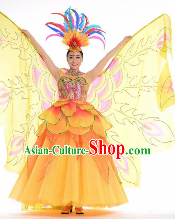 Chinese Modern Dance Stage Costume Traditional Spring Festival Gala Opening Dance Yellow Dress for Women